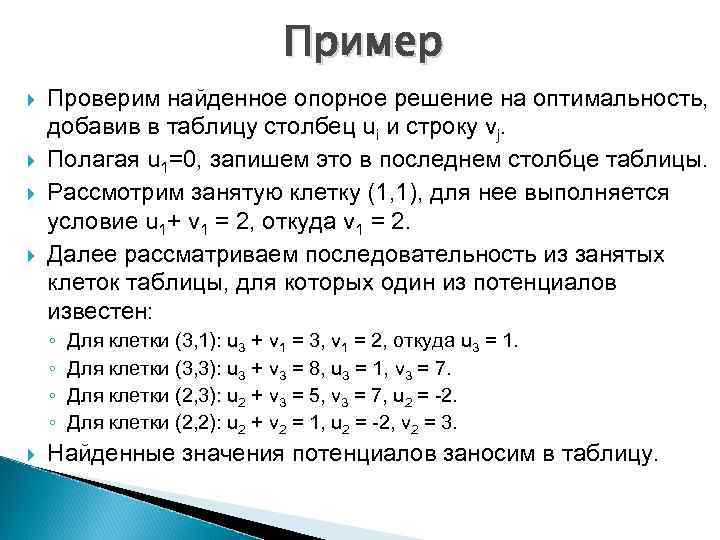 Пример Проверим найденное опорное решение на оптимальность, добавив в таблицу столбец ui и строку