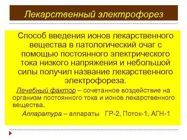 Лекарственный электрофорез Способ введения ионов лекарственного вещества в патологический очаг с помощью постоянного электрического