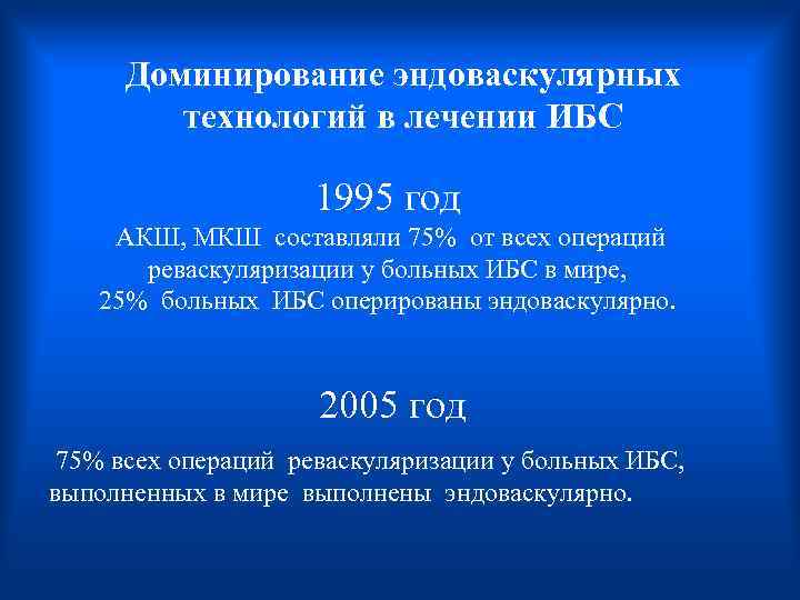  Доминирование эндоваскулярных технологий в лечении ИБС 1995 год АКШ, МКШ составляли 75% от