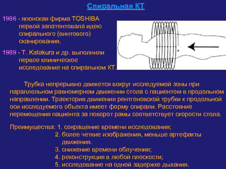 Спиральная КТ 1986 - японская фирма TOSHIBA первой запатентовала идею спирального (винтового) сканирования. 1989