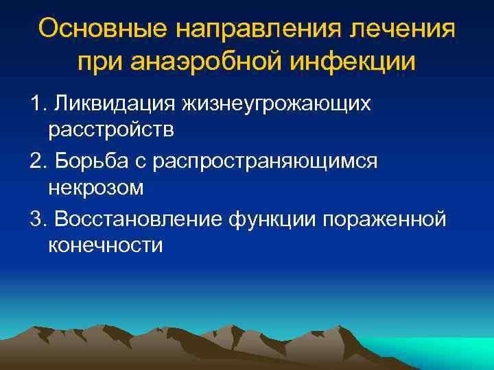 Основные направления лечения при анаэробной инфекции 1. Ликвидация жизнеугрожающих расстройств 2. Борьба с распространяющимся
