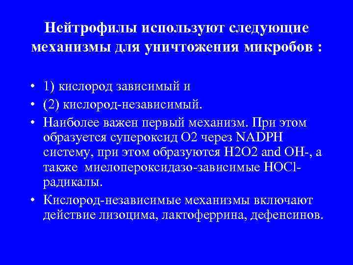 Нейтрофилы используют следующие механизмы для уничтожения микробов : • 1) кислород зависимый и •