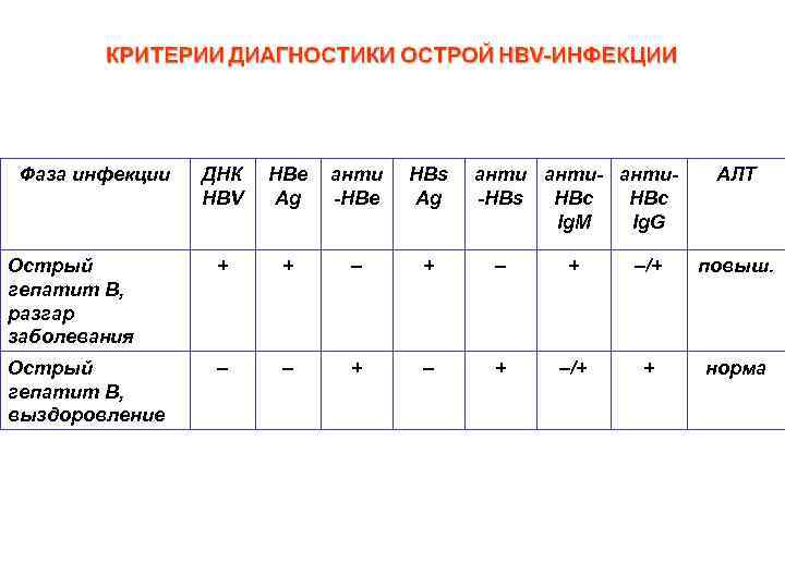 Фаза инфекции ДНК HBV HBe Ag анти -HBe HBs Ag анти-HBs HBc Ig. M