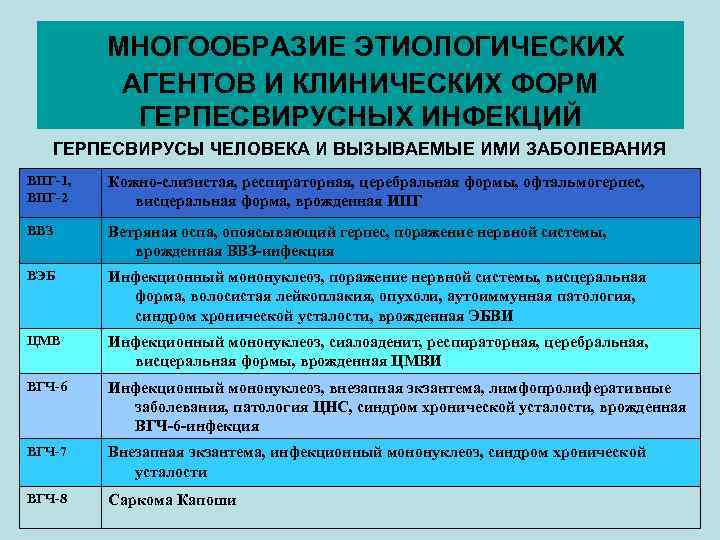 МНОГООБРАЗИЕ ЭТИОЛОГИЧЕСКИХ АГЕНТОВ И КЛИНИЧЕСКИХ ФОРМ ГЕРПЕСВИРУСНЫХ ИНФЕКЦИЙ ГЕРПЕСВИРУСЫ ЧЕЛОВЕКА И ВЫЗЫВАЕМЫЕ ИМИ ЗАБОЛЕВАНИЯ