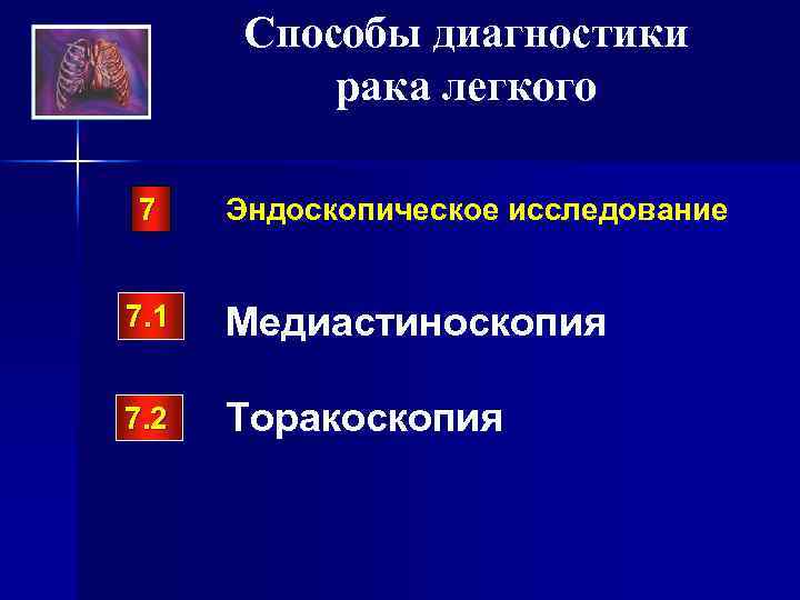 Способы диагностики рака легкого 7 Эндоскопическое исследование 7. 1 Медиастиноскопия 7. 2 Торакоскопия 