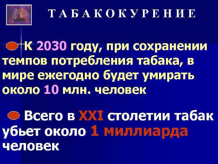 ТАБАКОКУРЕНИЕ К 2030 году, при сохранении темпов потребления табака, в мире ежегодно будет умирать