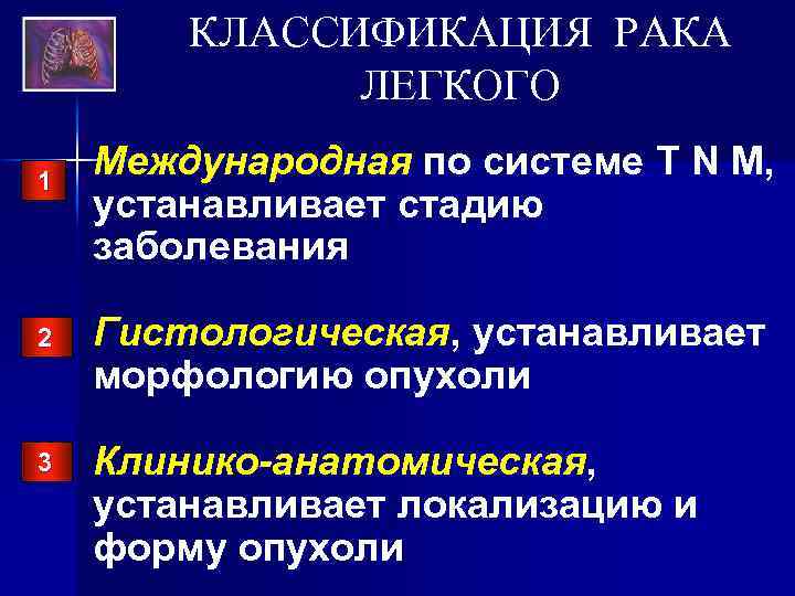 КЛАССИФИКАЦИЯ РАКА ЛЕГКОГО 1 Международная по системе T N M, устанавливает стадию заболевания 2