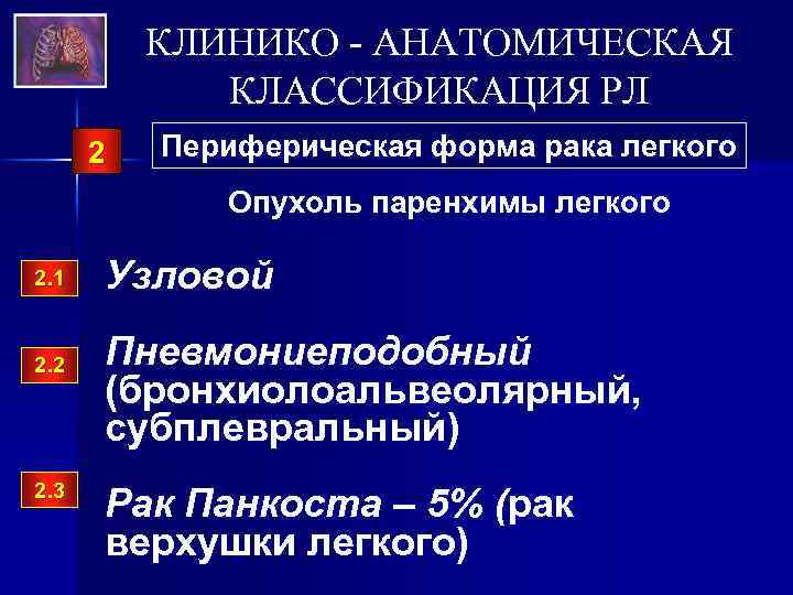 КЛИНИКО - АНАТОМИЧЕСКАЯ КЛАССИФИКАЦИЯ РЛ 2 Периферическая форма рака легкого Опухоль паренхимы легкого 2.