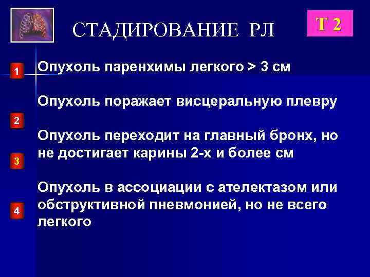 СТАДИРОВАНИЕ РЛ 1 T 2 Опухоль паренхимы легкого > 3 см Опухоль поражает висцеральную