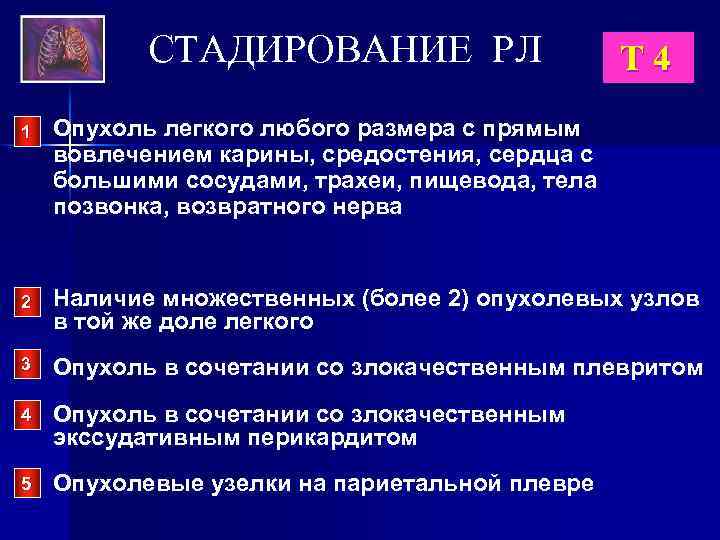 СТАДИРОВАНИЕ РЛ T 4 1 Опухоль легкого любого размера с прямым вовлечением карины, средостения,