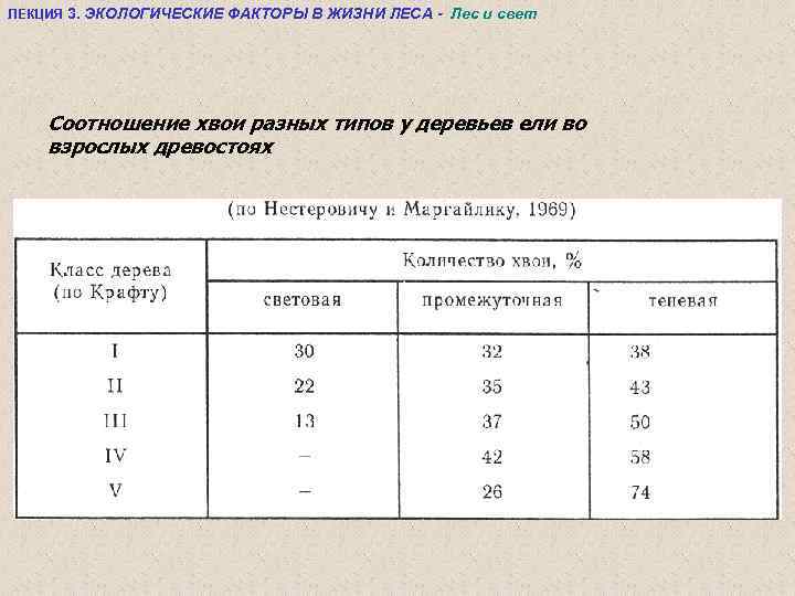 ЛЕКЦИЯ 3. ЭКОЛОГИЧЕСКИЕ ФАКТОРЫ В ЖИЗНИ ЛЕСА - Лес и свет Соотношение хвои разных