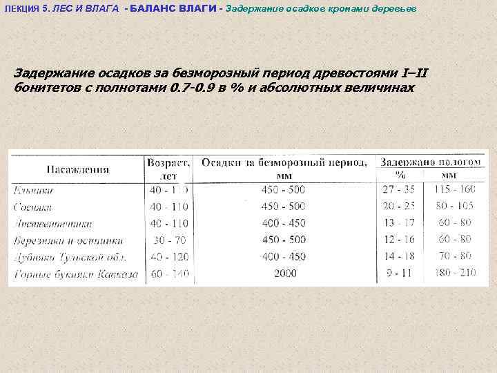 ЛЕКЦИЯ 5. ЛЕС И ВЛАГА - БАЛАНС ВЛАГИ - Задержание осадков кронами деревьев Задержание