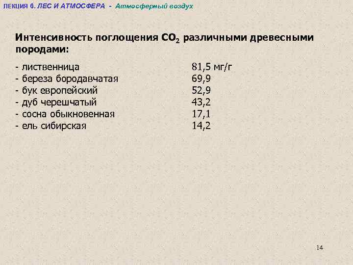 ЛЕКЦИЯ 6. ЛЕС И АТМОСФЕРА - Атмосферный воздух Интенсивность поглощения СО 2 различными древесными