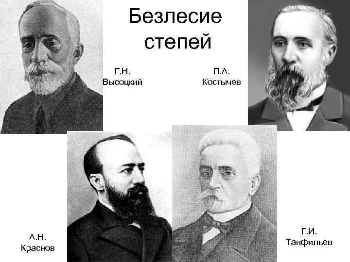 Безлесие степей Г. Н. Высоцкий А. Н. Краснов П. А. Костычев Г. И. Танфильев