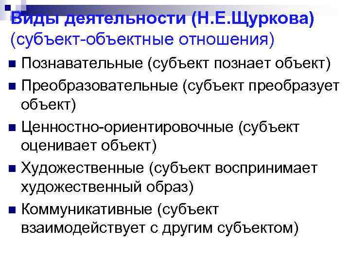 Виды деятельности (Н. Е. Щуркова) (субъект-объектные отношения) Познавательные (субъект познает объект) n Преобразовательные (субъект