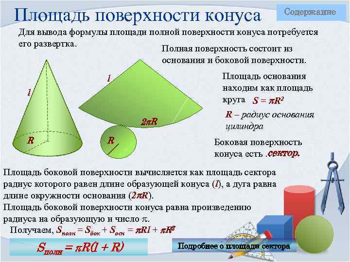 Площадь поверхности конуса Содержание Для вывода формулы площади полной поверхности конуса потребуется его развертка.