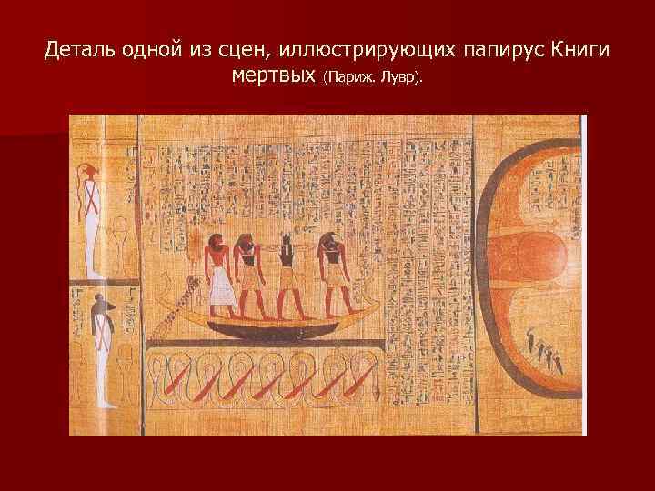 Деталь одной из сцен, иллюстрирующих папирус Книги мертвых (Париж. Лувр). 