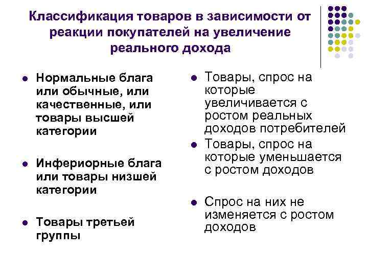 Классификация товаров в зависимости от реакции покупателей на увеличение реального дохода l Нормальные блага