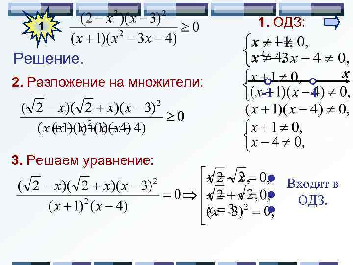 1 1. ОДЗ: Решение. 2. Разложение на множители: x -1 4 3. Решаем уравнение: