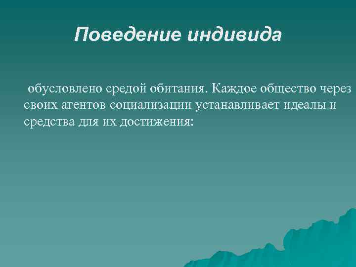 Поведение индивида обусловлено средой обитания. Каждое общество через своих агентов социализации устанавливает идеалы и