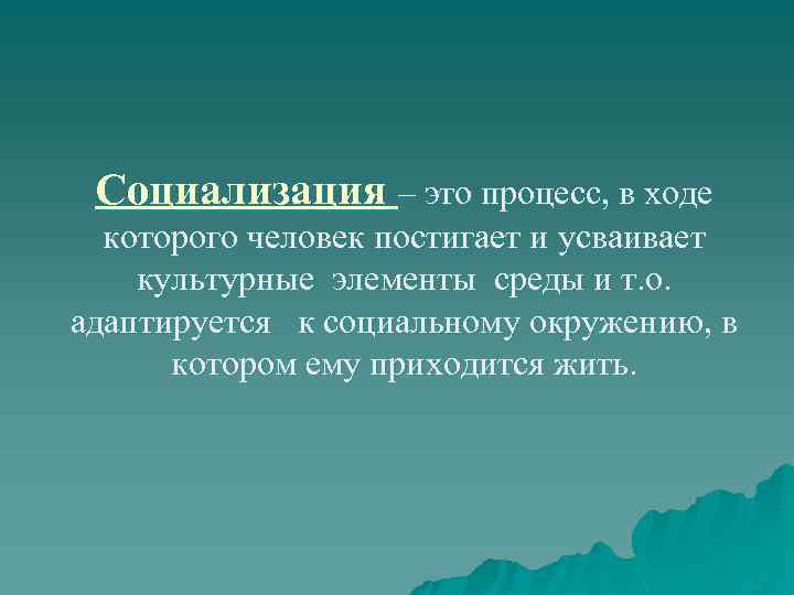 Социализация – это процесс, в ходе которого человек постигает и усваивает культурные элементы среды