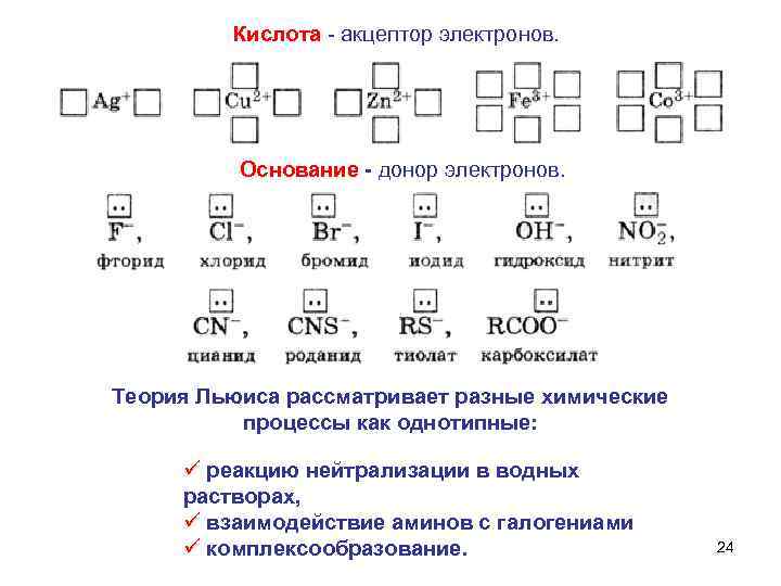 Кислота - акцептор электронов. Основание - донор электронов. Теория Льюиса рассматривает разные химические процессы