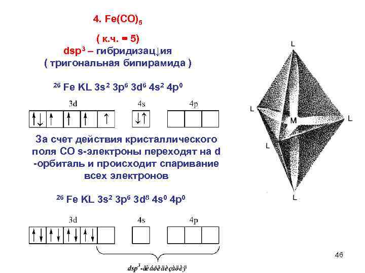 4. Fe(CO)5 ( к. ч. = 5) dsp 3 – гибридизац↓ия ( тригональная бипирамида