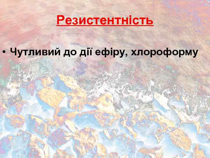 Резистентність • Чутливий до дії ефіру, хлороформу 