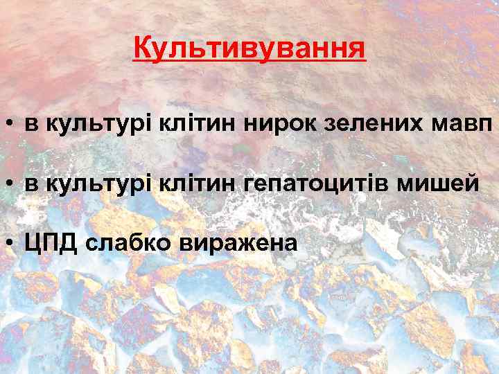 Культивування • в культурі клітин нирок зелених мавп • в культурі клітин гепатоцитів мишей