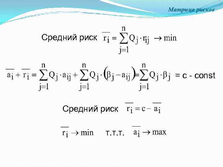 Матрица рисков Средний риск = c - const Средний риск т. т. т. 