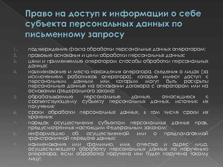 Право на доступ к информации о себе субъекта персональных данных по письменному запросу 1.