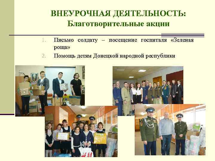 ВНЕУРОЧНАЯ ДЕЯТЕЛЬНОСТЬ: Благотворительные акции 1. 2. Письмо солдату – посещение госпиталя «Зеленая роща» Помощь