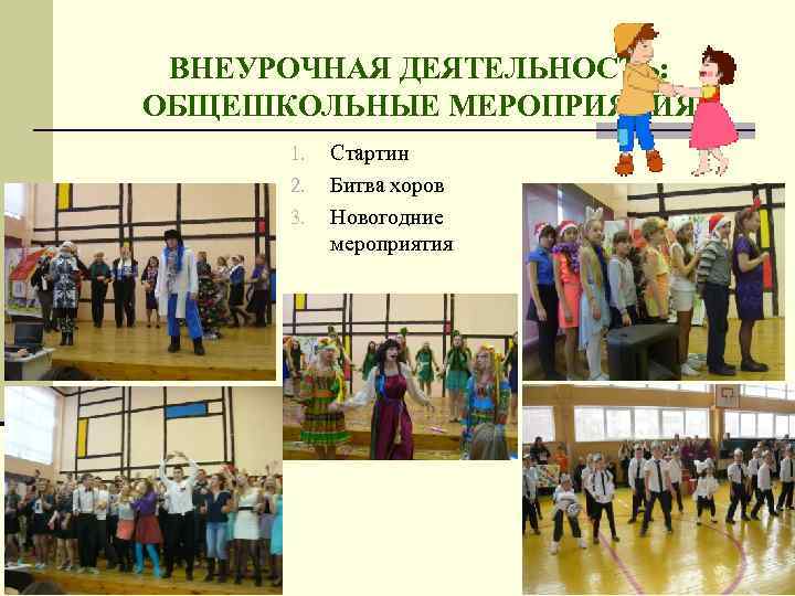 ВНЕУРОЧНАЯ ДЕЯТЕЛЬНОСТЬ: ОБЩЕШКОЛЬНЫЕ МЕРОПРИЯТИЯ 1. 2. 3. Стартин Битва хоров Новогодние мероприятия 