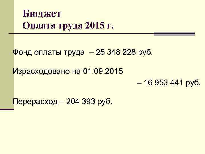 Бюджет Оплата труда 2015 г. Фонд оплаты труда – 25 348 228 руб. Израсходовано