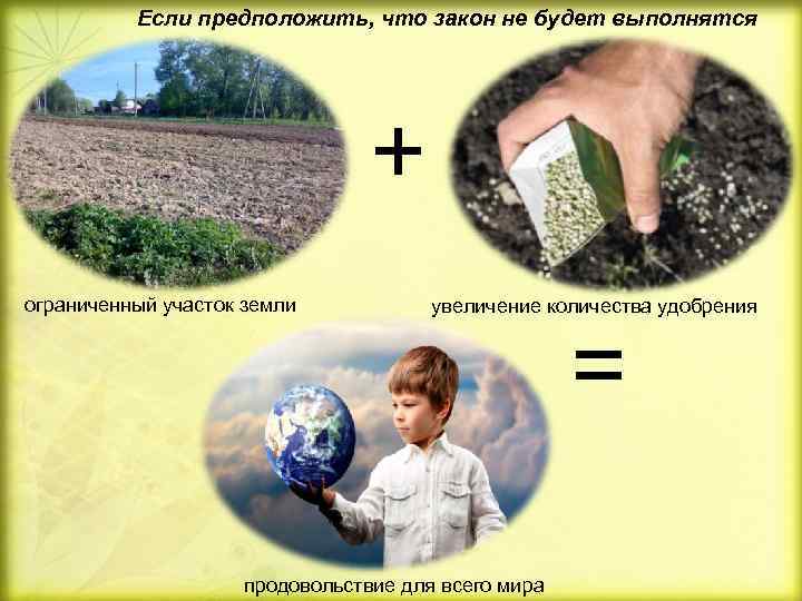 Если предположить, что закон не будет выполнятся + ограниченный участок земли увеличение количества удобрения