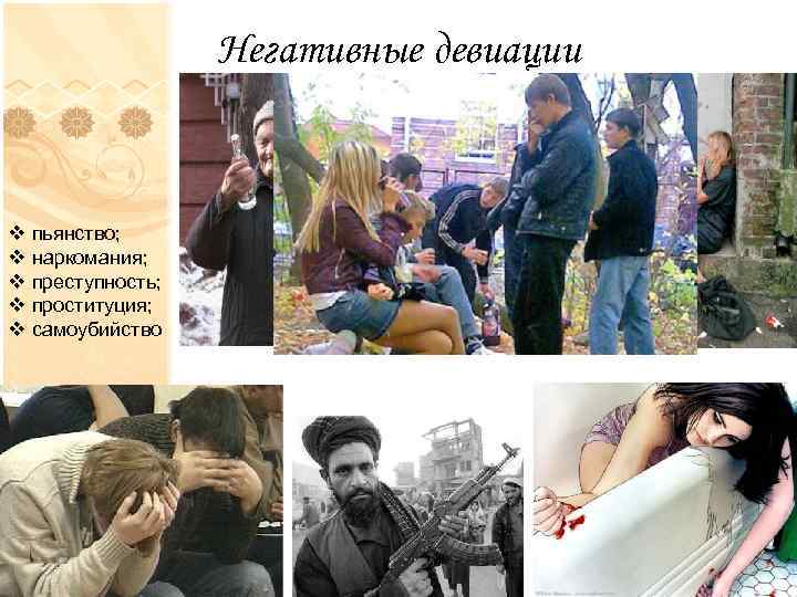 Негативные девиации v пьянство; v наркомания; v преступность; v проституция; v самоубийство 
