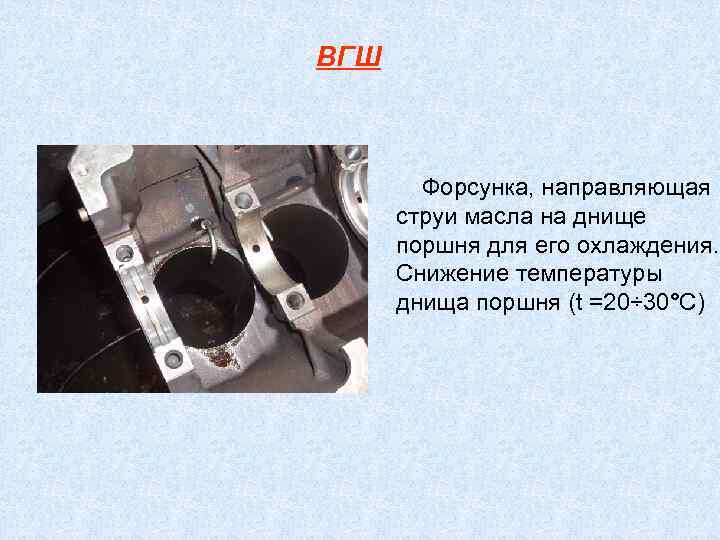 ВГШ Форсунка, направляющая струи масла на днище поршня для его охлаждения. Снижение температуры днища