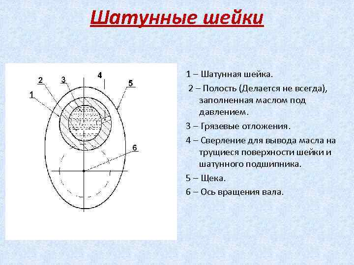 Шатунные шейки 1 – Шатунная шейка. 2 – Полость (Делается не всегда), заполненная маслом