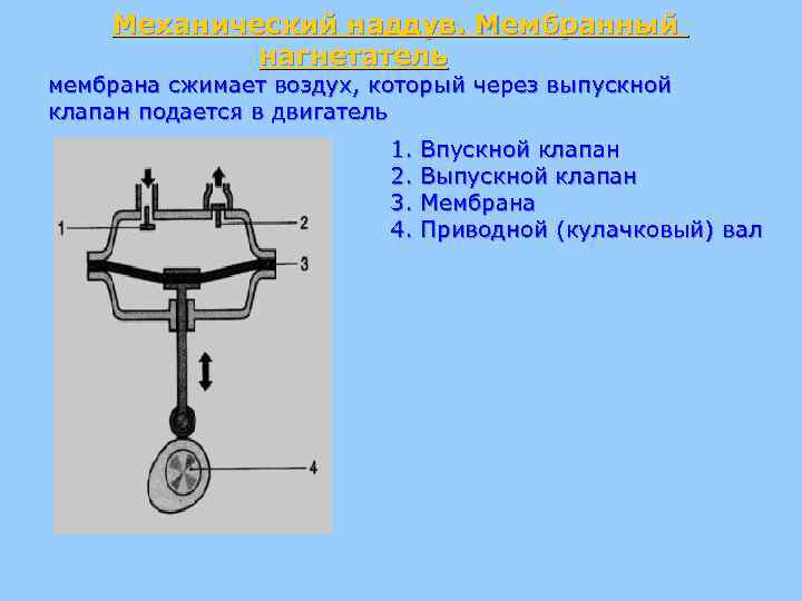 Механический наддув. Мембранный нагнетатель мембрана сжимает воздух, который через выпускной клапан подается в двигатель