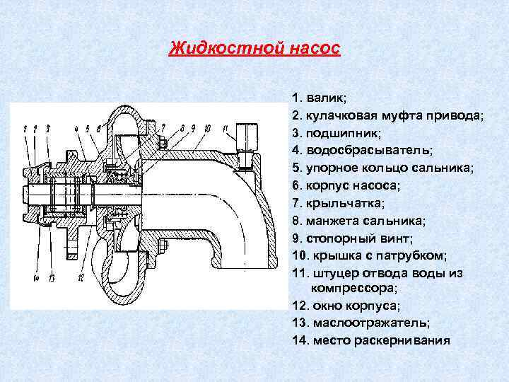 Жидкостной насос 1. валик; 2. кулачковая муфта привода; 3. подшипник; 4. водосбрасыватель; 5. упорное