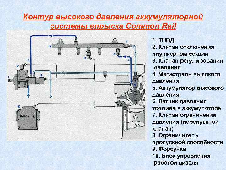 Контур высокого давления аккумуляторной системы впрыска Common Rail     1. ТНВД
