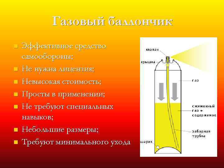 Газовый баллончик n n n n Эффективное средство самообороны; Не нужна лицензия; Невысокая стоимость;