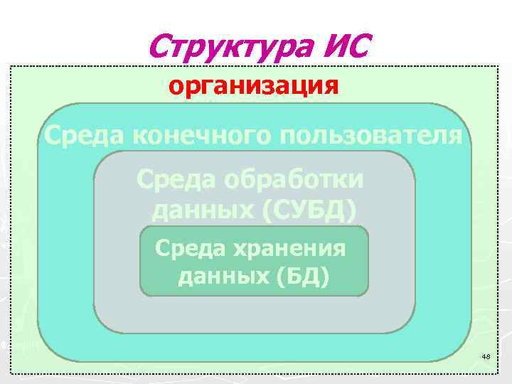  Структура ИС организация Среда конечного пользователя Среда обработки данных (СУБД) Среда хранения данных