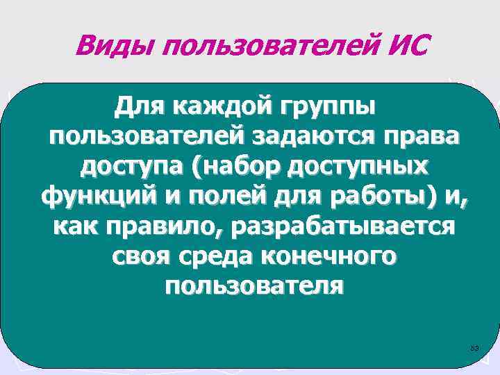  Виды пользователей ИС Для каждой группы Среда конечного пользователя обеспечивает доступ пользователей к