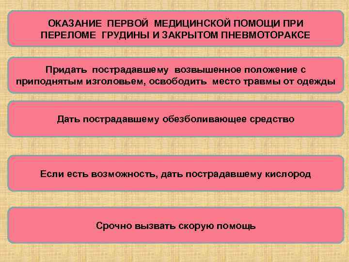 ОКАЗАНИЕ ПЕРВОЙ МЕДИЦИНСКОЙ ПОМОЩИ ПРИ ПЕРЕЛОМЕ ГРУДИНЫ И ЗАКРЫТОМ ПНЕВМОТОРАКСЕ Придать пострадавшему возвышенное положение