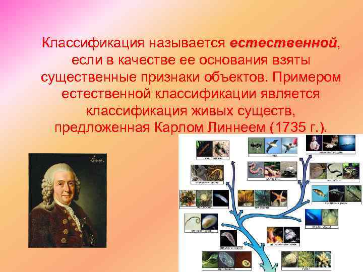 Классификация называется естественной, естественной если в качестве ее основания взяты существенные признаки объектов. Примером
