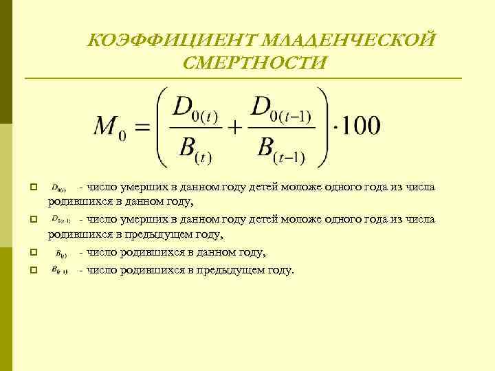 КОЭФФИЦИЕНТ МЛАДЕНЧЕСКОЙ СМЕРТНОСТИ p p - число умерших в данном году детей моложе одного
