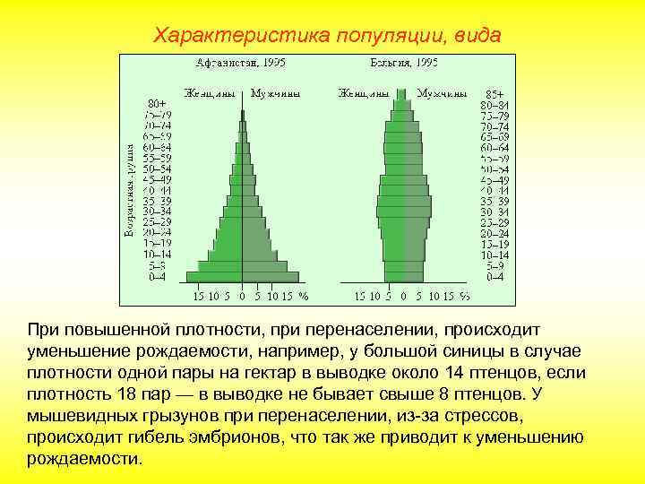Характеристика популяции, вида При повышенной плотности, при перенаселении, происходит уменьшение рождаемости, например, у большой