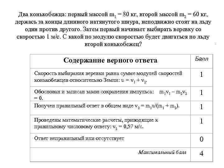 Содержание верного ответа Балл Скорость выбирания веревки равна сумме модулей скоростей конькобежцев относительно Земли: