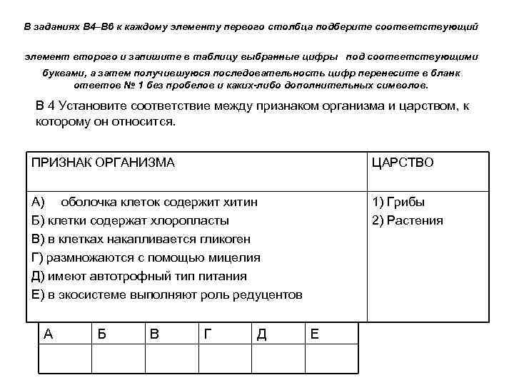 В заданиях В 4–В 6 к каждому элементу первого столбца подберите соответствующий элемент второго